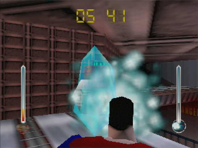 Superman (Nintendo 64) screenshot: Freezing a bomb with ice breath.