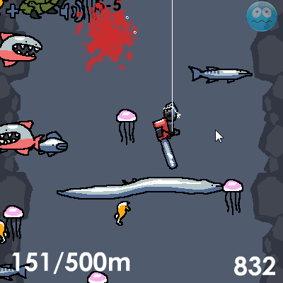 Radical Fishing (Browser) screenshot: Descending, with the help of a chainsaw