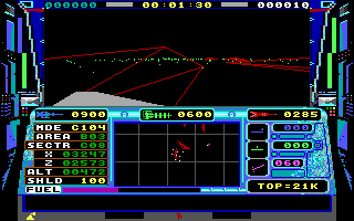 Echelon (DOS) screenshot: Left View: Passing some mountains