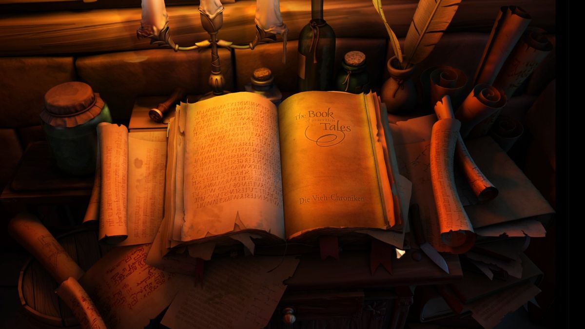 The Book of Unwritten Tales: The Critter Chronicles (Windows) screenshot: There it is. The Book of Unwritten Tales opened at the chapter "Die Vieh Chroniken"