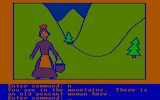 Hi-Res Adventure #2: The Wizard and the Princess (PC Booter) screenshot: There's people in the mountains! (CGA with RGB monitor)