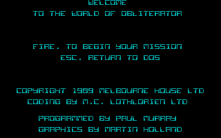 Obliterator (DOS) screenshot: Start Menu (EGA/Tandy)