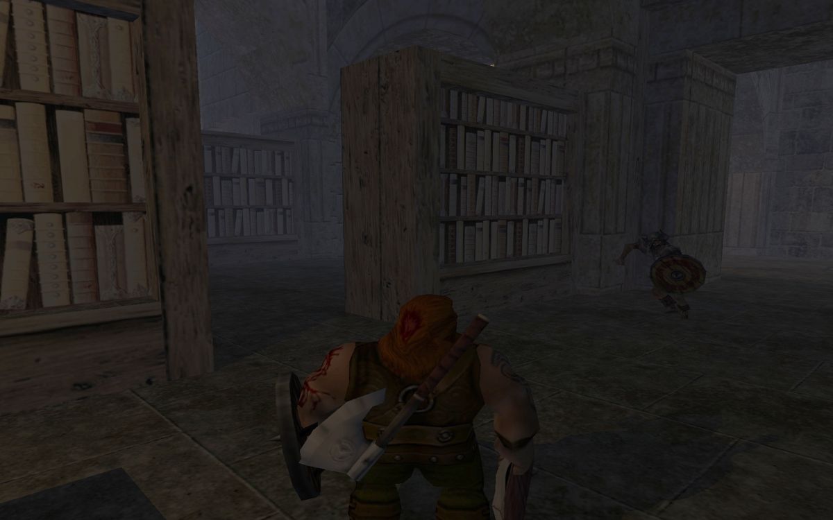 Blade of Darkness (Windows) screenshot: Naglfar, the dwarf, visits the library of Khazel Zalam to seek wisdom, but the city has already fallen