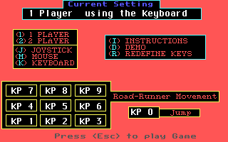 Road Runner (DOS) screenshot: Setting Menu (EGA)