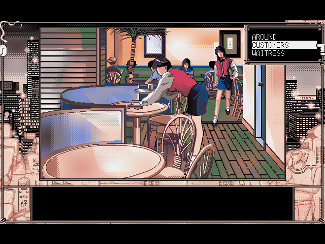 Runaway City (DOS) screenshot: Looking options in a coffee shop