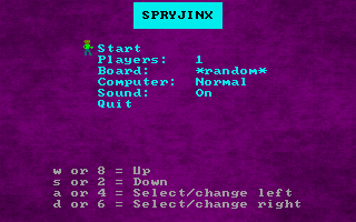 Spryjinx (DOS) screenshot: Title screen with main menu and instructions