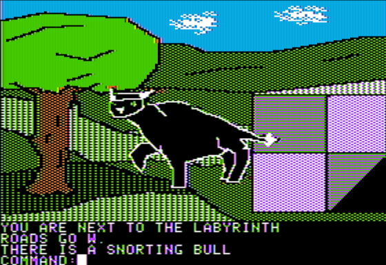 The Elysian Fields and Other Greek Myths (Apple II) screenshot: The Cretan Bull Outside the Labyrinth