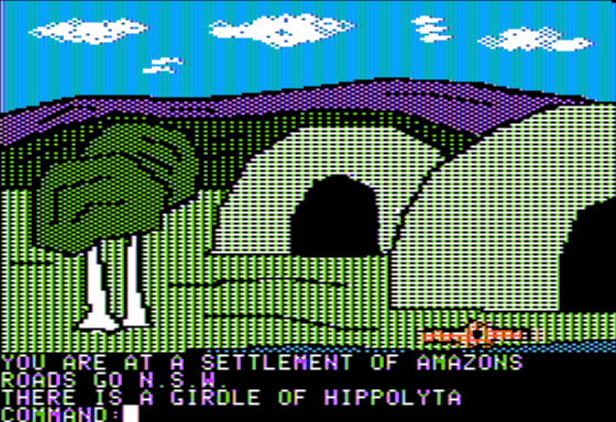 The Elysian Fields and Other Greek Myths (Apple II) screenshot: A Village of Amazons