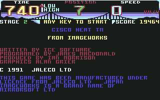 Cisco Heat: All American Police Car Race (Commodore 64) screenshot: Title and credits
