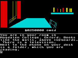 Jeffrey Archer: Not a Penny More, Not a Penny Less - The Computer Game (ZX Spectrum) screenshot: Sitting in your room.
