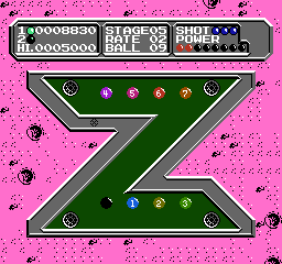 Lunar Pool (NES) screenshot: Some boards are letter-shaped