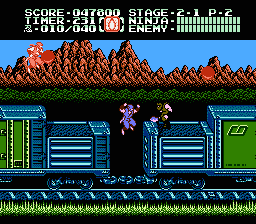 Ninja Gaiden II: The Dark Sword of Chaos (NES) screenshot: Traversing the top of a speeding train in level 2-1.