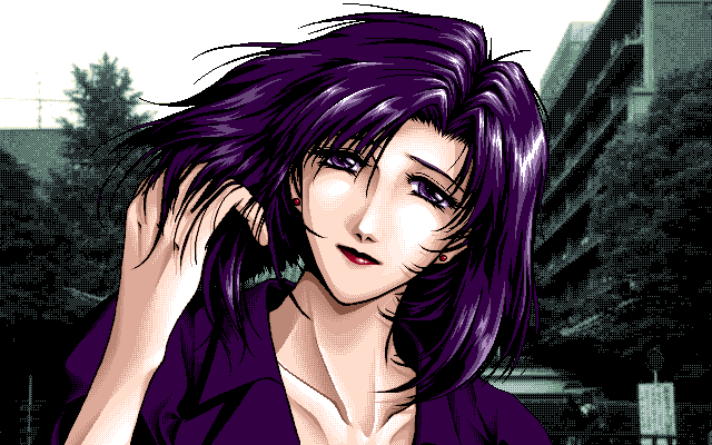Wakusei Omega no Q Ōji (PC-98) screenshot: Meeting with a purple-haired woman in front of a school