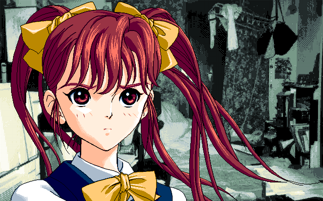 Wakusei Omega no Q Ōji (PC-98) screenshot: You brought her to your apartment. But she looks angry...