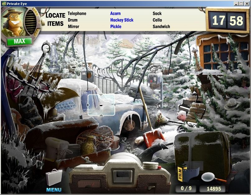 Private Eye: Greatest Unsolved Mysteries (Windows) screenshot: Looking for hidden items in a snowy Austria
