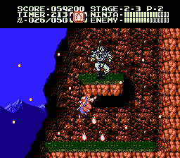 Ninja Gaiden II: The Dark Sword of Chaos (NES) screenshot: The spider-tossing boss at the top of the mountain, where the wind is still furious.