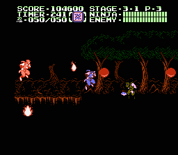 Ninja Gaiden II: The Dark Sword of Chaos (NES) screenshot: Level 3-1 is fought at night, and most everything is dark.
