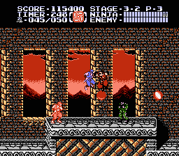 Ninja Gaiden II: The Dark Sword of Chaos (NES) screenshot: Infiltrating a castle at dawn in level 3-2.