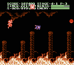 Ninja Gaiden II: The Dark Sword of Chaos (NES) screenshot: It gets even more dangerous in level 4-1.