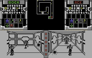 Xybots (Commodore 64) screenshot: Yikes, watch out for that Xybot!