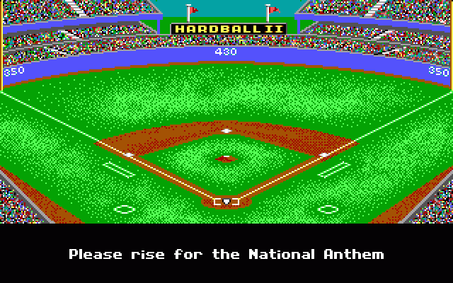 HardBall II (DOS) screenshot: This game was made in Canada, but you have to rise for the US National Anthem! (EGA)