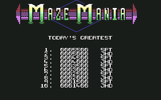 Maze Mania (Commodore 64) screenshot: Highscores