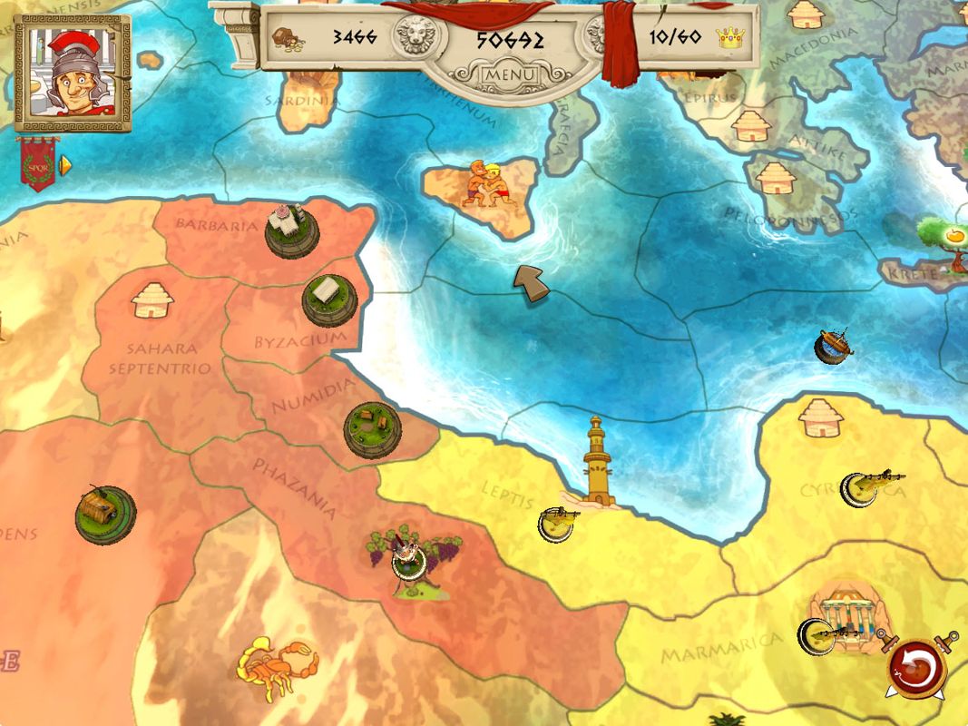 Tiny Token Empires (Windows) screenshot: Romans and Egyptians fighting for the control of North Africa.