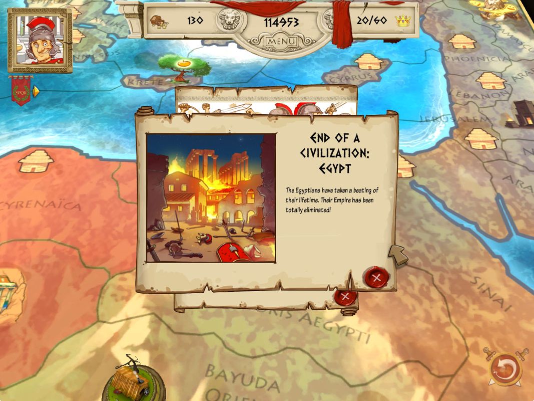 Tiny Token Empires (Windows) screenshot: The Egyptian civilization has been defeated