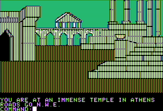 The Elysian Fields and Other Greek Myths (Apple II) screenshot: Starting in the Temple in Athens