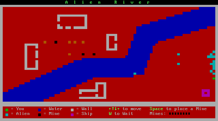 Alien River (DOS) screenshot: Making a dash for the UFO, with the whole gang on my tail