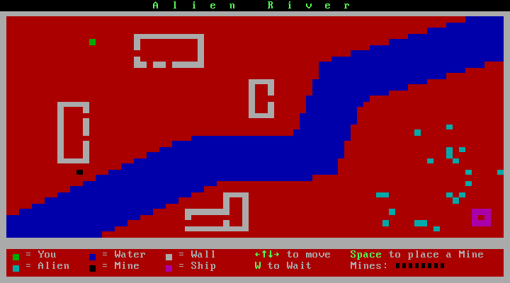 Alien River (DOS) screenshot: Facing the horde of invaders across the waters