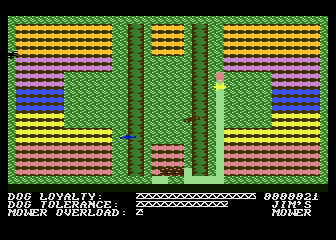 Hover Bovver (Atari 8-bit) screenshot: Started mowing the first yard...
