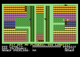 Hover Bovver (Atari 8-bit) screenshot: Careful not to mow the flowers!