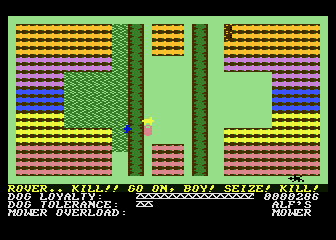 Hover Bovver (Atari 8-bit) screenshot: Almost done; call your dog to help out
