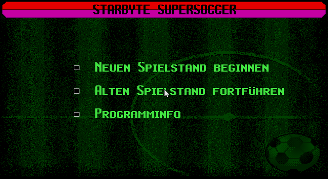 Starbyte Super Soccer (DOS) screenshot: Main Menu.