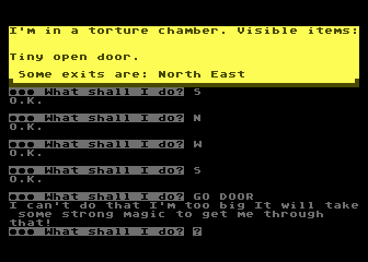 Scott Adams' Graphic Adventure #4: Voodoo Castle (Atari 8-bit) screenshot: Can't fit through that door (yet)!