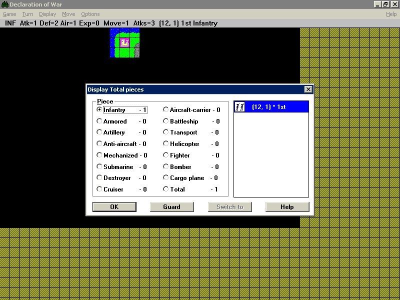 Declaration of War (Windows 3.x) screenshot: A game in progress. Each player can only see the part of the world they have explored