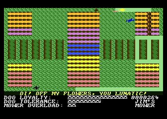 Hover Bovver (Atari 8-bit) screenshot: Uh oh, looks like I might be trapped by angry neighbors!