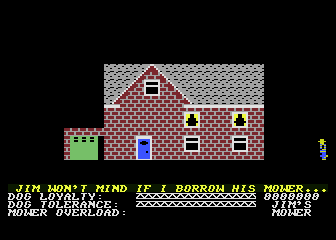 Hover Bovver (Atari 8-bit) screenshot: Borrowing Jim's lawnmower...