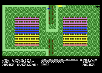 Hover Bovver (Atari 8-bit) screenshot: Each level has a different layout