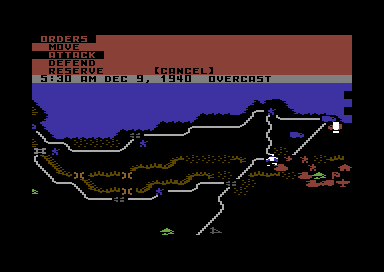 Decision in the Desert (Commodore 64) screenshot: The game alternates between night and day