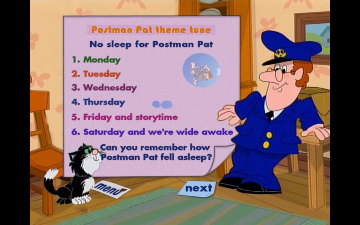 Read Along with Postman Pat (included game) (DVD Player) screenshot: The menu for the <i>Postman Pat's Sleepy Days</i> story is a new addition, it's not present in the 1994 VHS tape version of the story