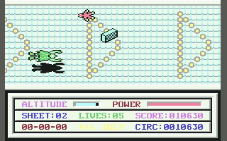 Oink! (Commodore 64) screenshot: After an obstacle course, you have to shoot or avoid weird stuff flying at you.