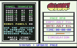Oink! (Commodore 64) screenshot: Transfer the panels to the pages of the magazine after scoring points in the mini games.