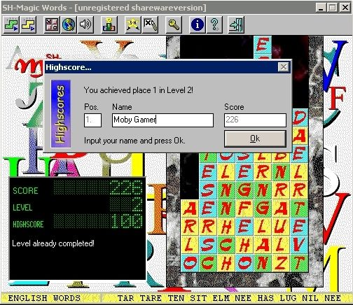 Magic Words (Windows 3.x) screenshot: The target for Level two was to make two words. Once that was achieved the blocks kept falling faster and faster until the screen was filled to the top.