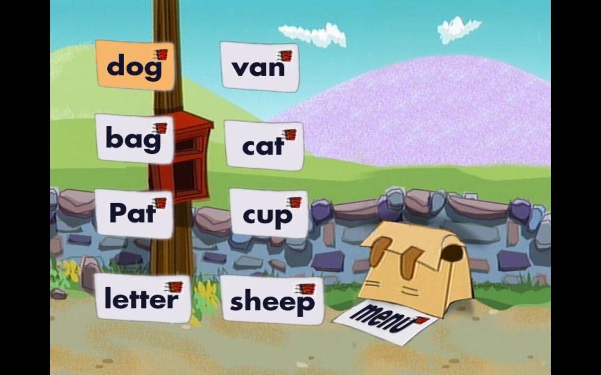 Read Along with Postman Pat (included game) (DVD Player) screenshot: Pat's Bag: This is the screen where the player must select a word from the list on the left that matches the thing/creature/person on the right