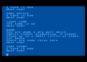 Colossal Adventure (Atari 8-bit) screenshot: I took everything in the building, lit the lamp, went down the well and got the coins.