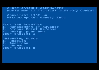 Close Assault (Atari 8-bit) screenshot: Choose the defending force.
