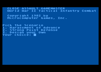 Close Assault (Atari 8-bit) screenshot: Pick your scenario.