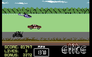 The Dukes of Hazzard (Commodore 64) screenshot: Jumping over the motorcycle